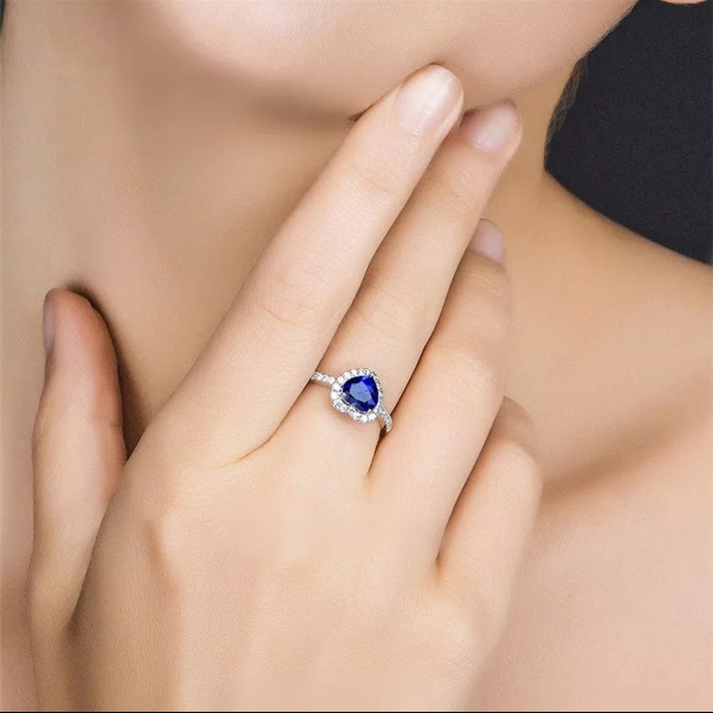 Silver Ring Bridal  Blue Heart Cubic Zirconia Ring - Picture 5 of 5